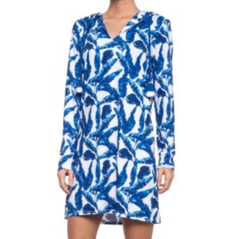 About Cabana Life Hooded Cover-Up Dress - UPF 50+, Long Sleeve Color: Blue Palms